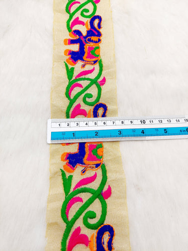 Beige Trim With Blue Elephant Embroidery , Lace Trim, Indian Lace Trim